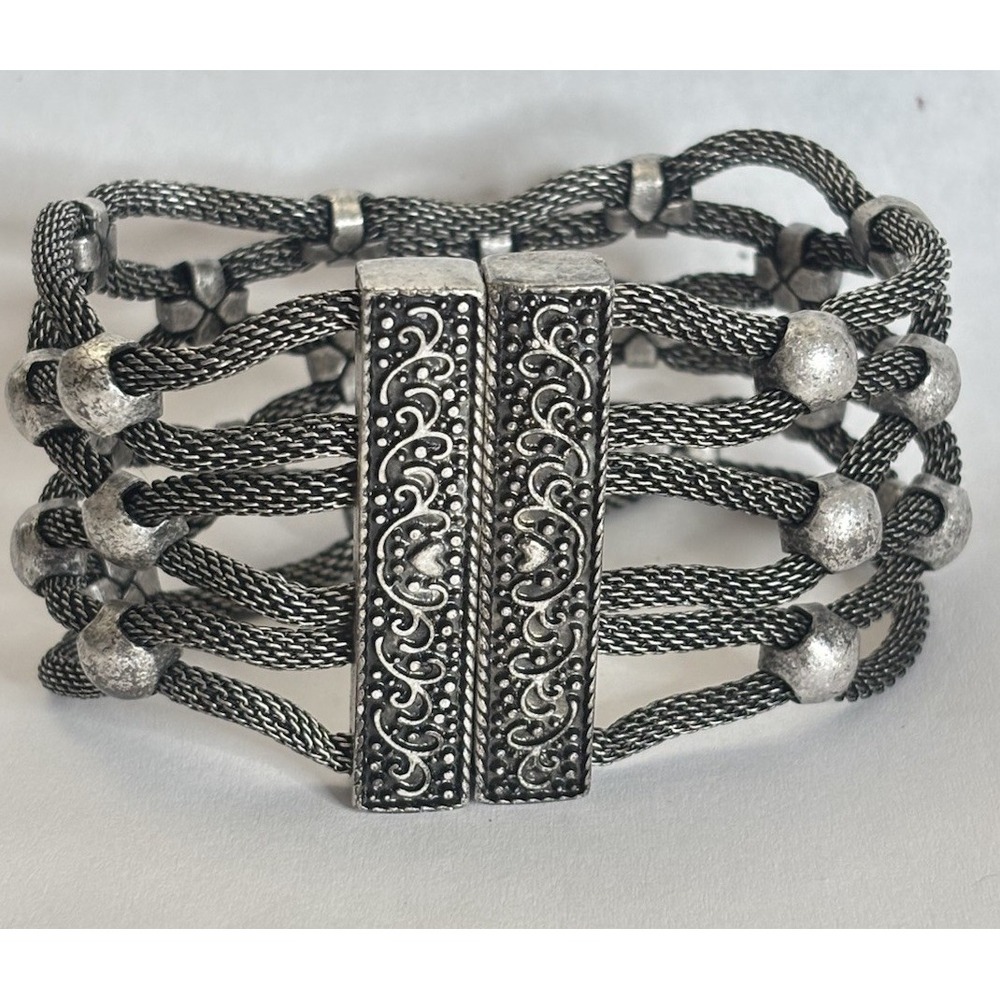 Gunmetal & Silver Tone Mesh Tube Chunky Bracelet Magnetic Clasp Gothic Y2K